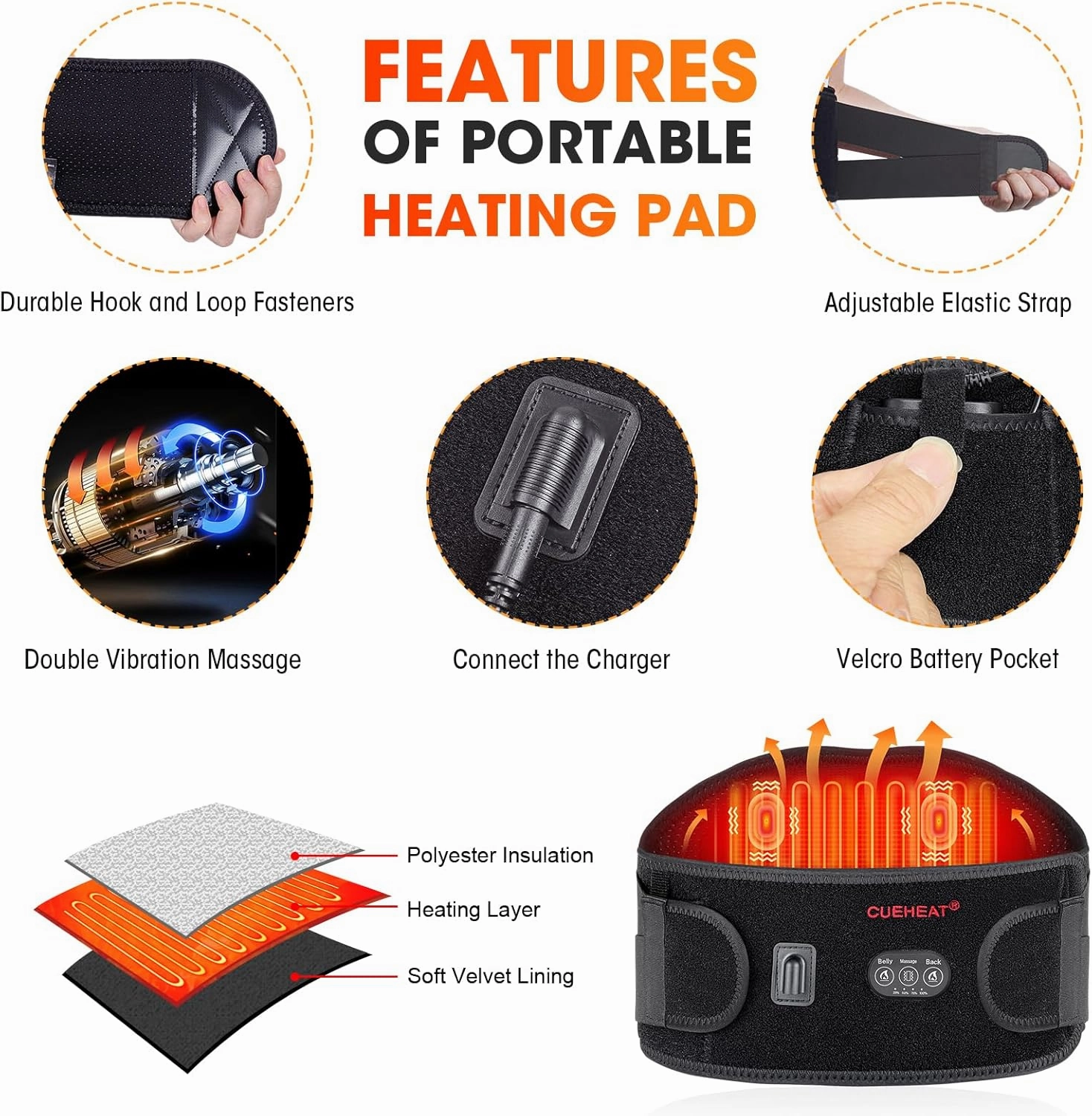 CUEHEAT Heated Waist Belt, Cordless Back and Belly Heating Massage, Electric Rechargeable Battery Powered