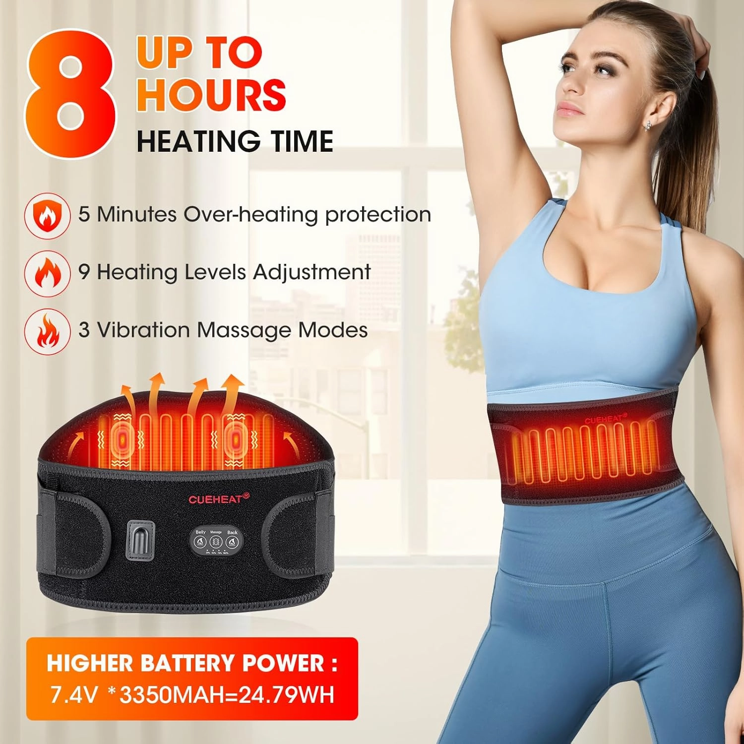 CUEHEAT Heated Waist Belt, Cordless Back and Belly Heating Massage, Electric Rechargeable Battery Powered