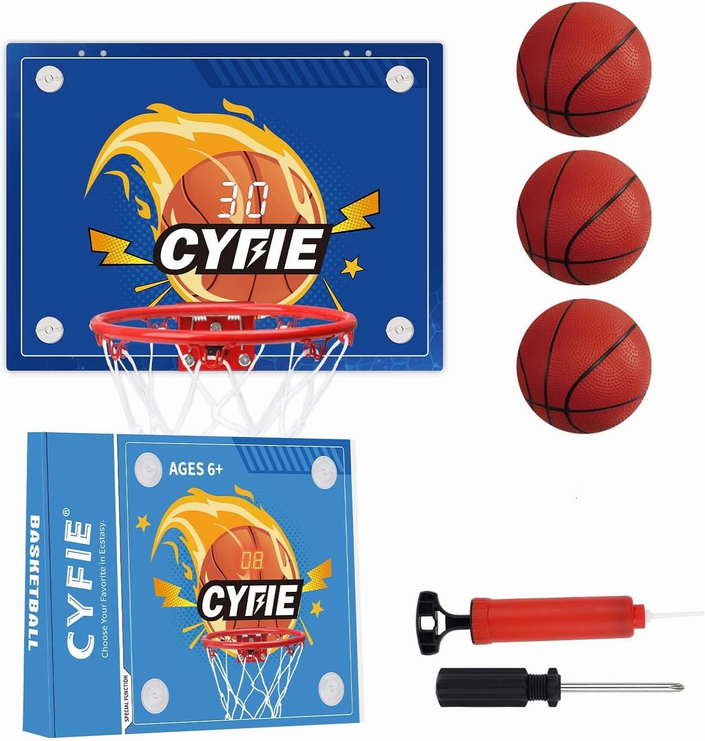 Cyfie Suction Cup Basketball Hoop for Kids, Over The Door Basketball Hoop with Scoreboard and 3 Balls, Indoor Scoring Basketball Hoop for Girls Boys