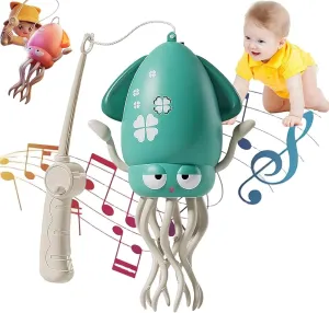 Dancing Octopus Toy, with LED Lights & Music, Crazy 8-Leg Auto-Crawling Action, Smart Obstacle Avoidance Sensor, Self-Navigating (Green with Fishing Rod)