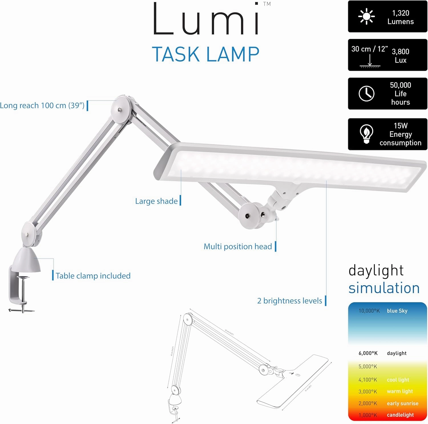 Daylight Company Lumi Task Lamp, 95 CRI, 4000 Lux,Craft Light, Super Bright Desk Lamp, Touch Dimmable, 2 Brightness Levels, Ideal Table Light, Drawing Lamps - Metal - 15 W