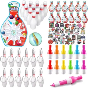 Deekin Bowling Party Favors 12 Pcs Pin Keychain 12 Pcs Ballpoint Pen Mini Bowling Set 50 Pcs Stickers for Goodie Bag Fillers and Small Prizes