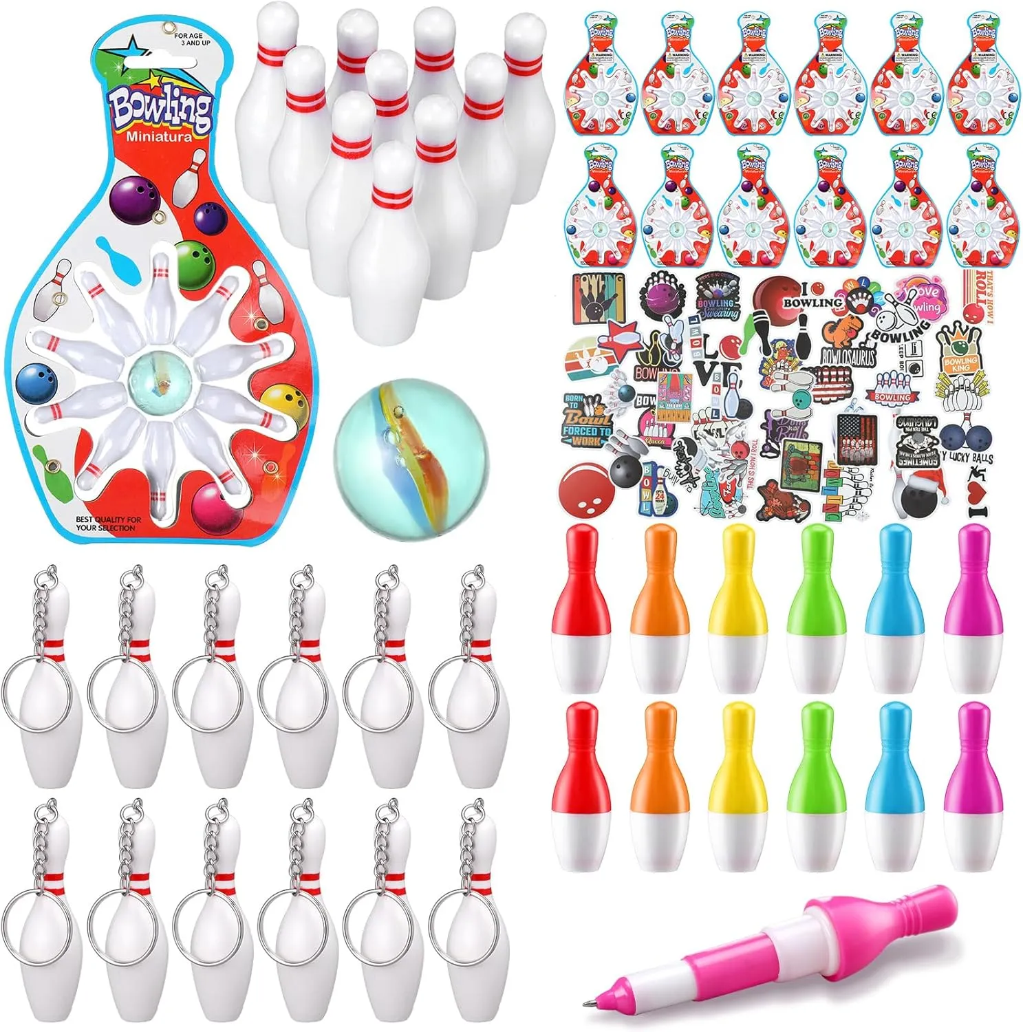 Deekin Bowling Party Favors 12 Pcs Pin Keychain 12 Pcs Ballpoint Pen Mini Bowling Set 50 Pcs Stickers for Goodie Bag Fillers and Small Prizes