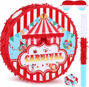 Deekin Carnival Pull String Piñata Circus Tent Piñata with Blindfold Stick and Confetti Large Carnival for Birthday Party Circus Party Decorations Supplies for Kids Baby Shower