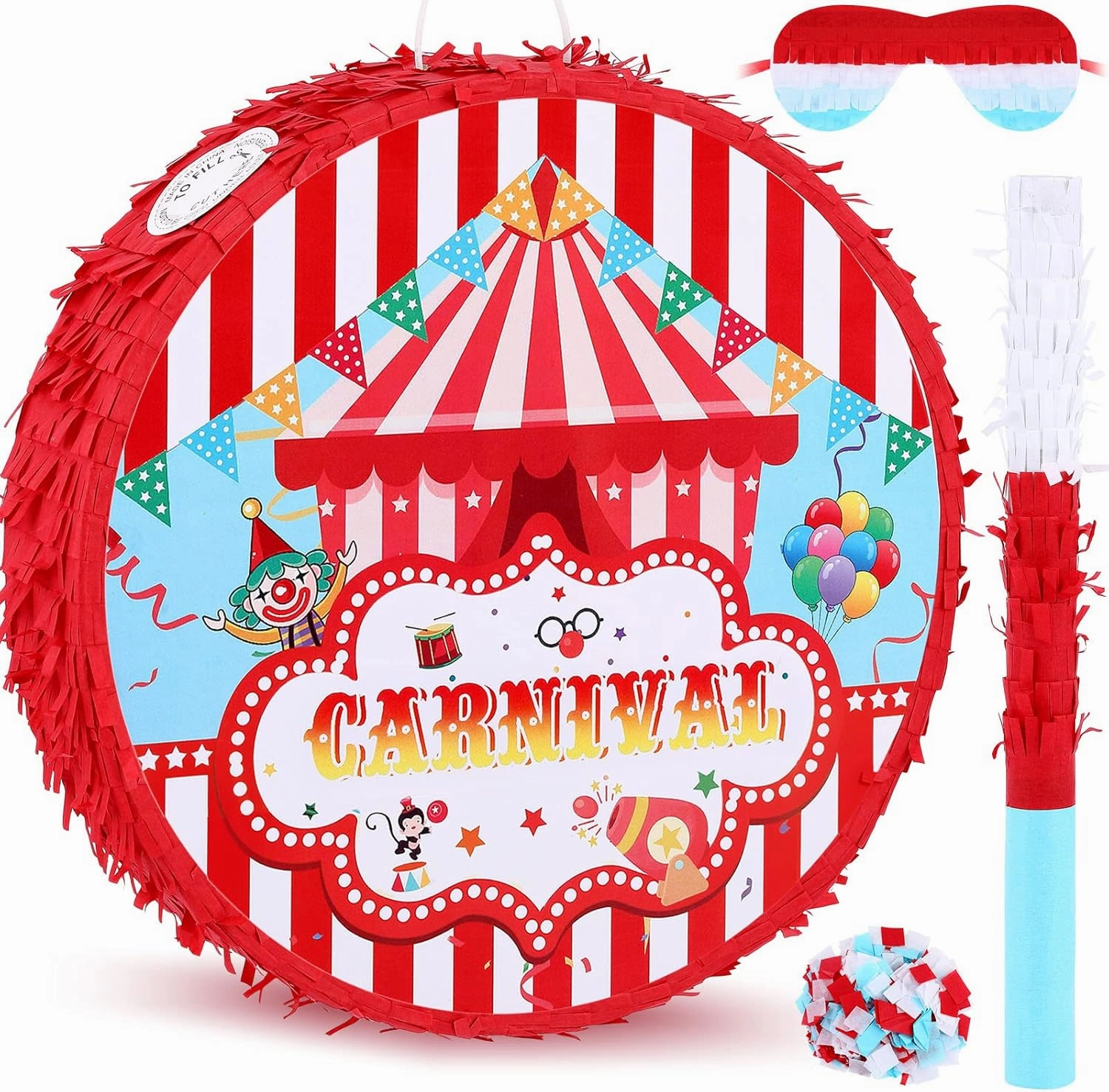 Deekin Carnival Pull String Piñata Circus Tent Piñata with Blindfold Stick and Confetti Large Carnival for Birthday Party Circus Party Decorations Supplies for Kids Baby Shower