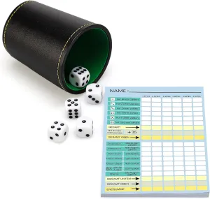 Dice Game Set Dice Cup with 5 Dice Game Block DIN A6 Leather and Flexible Dice Cup XXL Dice Game Winning Cards Game Blocks for Dice Games for Children Adults Family Game