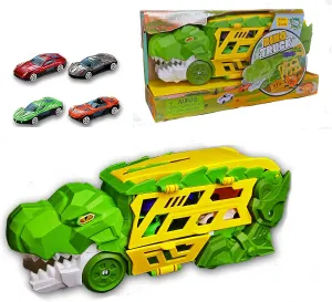 Dinosaur Car Transporter Truck Toy with 4 Die-Cast Cars – Dino Head Launcher & Slide-Out Race Track – Portable Storage Playset for Kids Ages 3 
