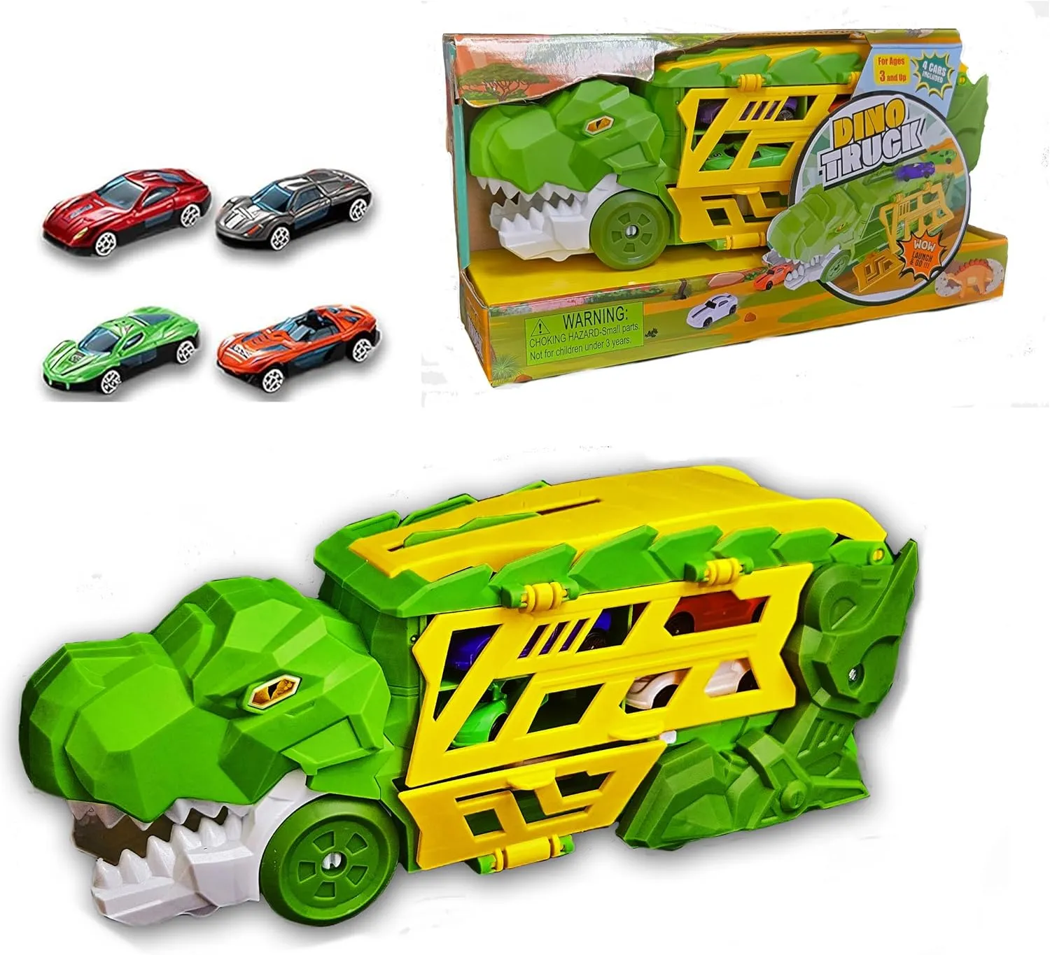 Dinosaur Car Transporter Truck Toy with 4 Die-Cast Cars – Dino Head Launcher & Slide-Out Race Track – Portable Storage Playset for Kids Ages 3 