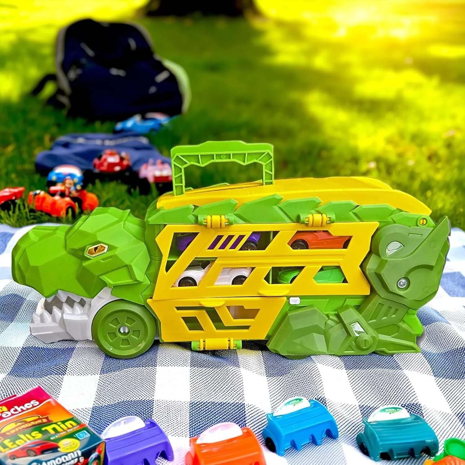 Dinosaur Car Transporter Truck Toy with 4 Die-Cast Cars – Dino Head Launcher & Slide-Out Race Track – Portable Storage Playset for Kids Ages 3 