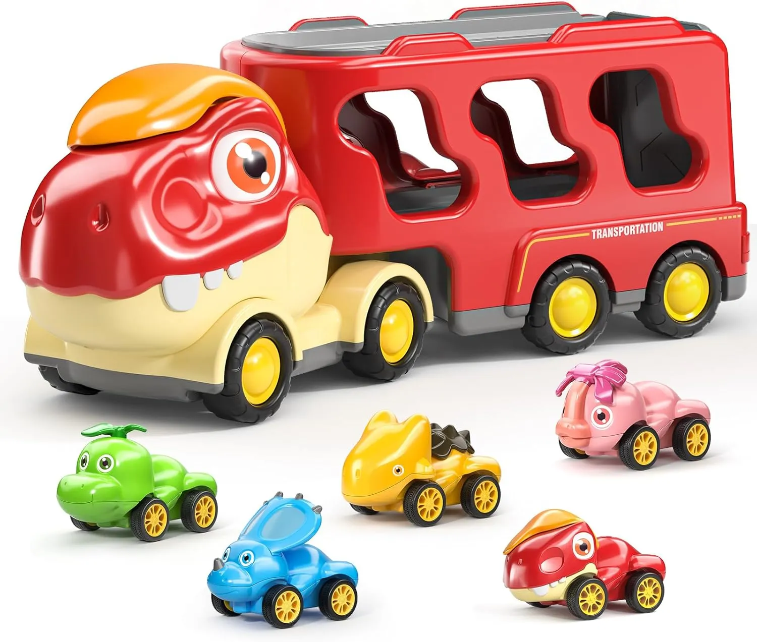 Dinosaur Truck Toys for Kids 3-5, Friction Power Transport Car Load 5 Cartoon Pull Back Dino Figures Vehicle, Toddler Carrier Truck Play Set, Birthday Gift for 3 4 5 6  Year Old Boys and Girls
