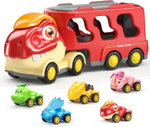 Dinosaur Truck Toys for Kids 3-5, Friction Power Transport Car Load 5 Cartoon Pull Back Dino Figures Vehicle, Toddler Carrier Truck Play Set, Birthday Gift for 3 4 5 6  Year Old Boys and Girls