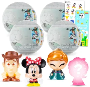 Disney 100th Anniversary Blind Box Party Favors - Bundle with 4 Mash'Ems Blind Ball Mini Figures Mystery Toys Plus Stickers, More | Disney Squishy Toys for Kids, Boys, Girls