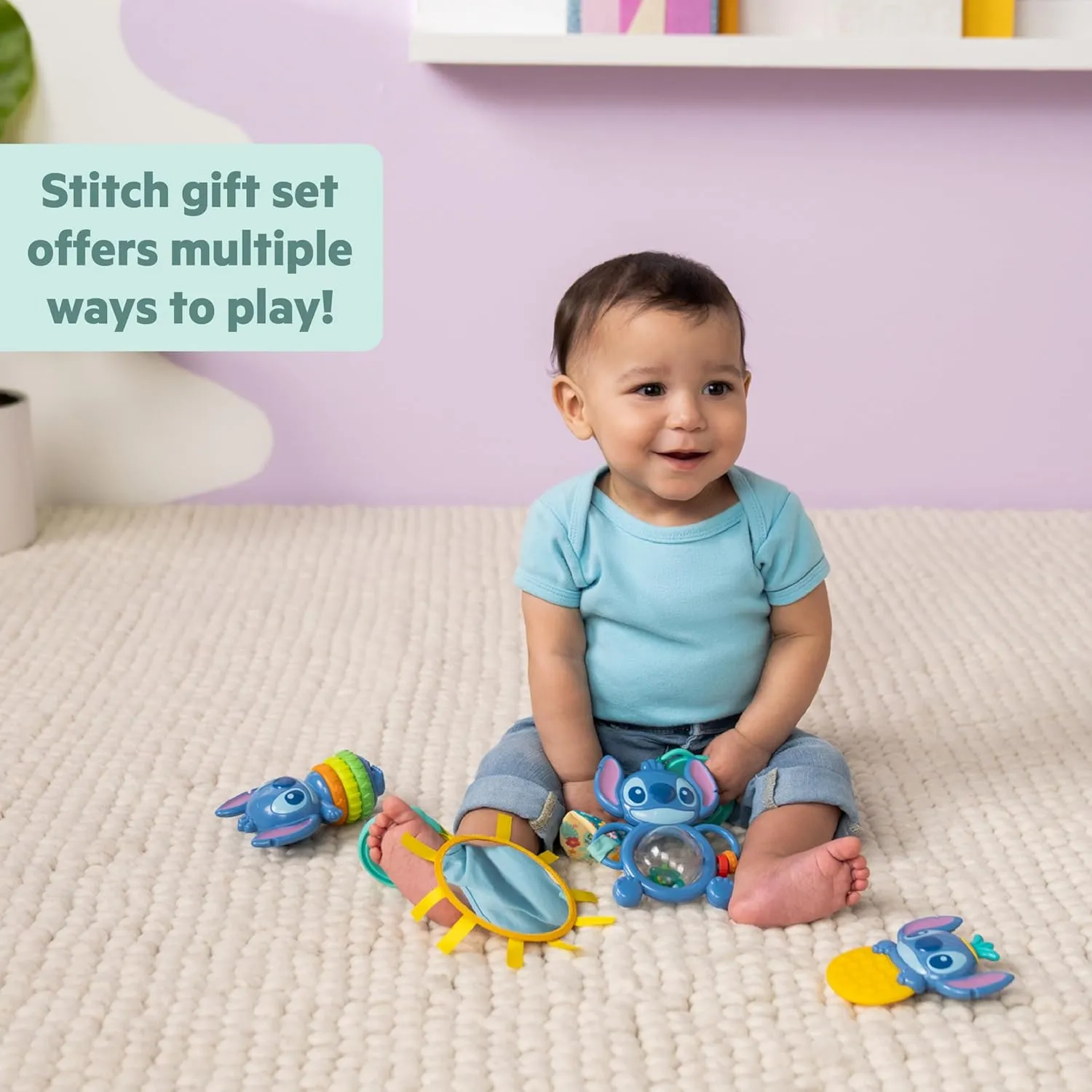 Disney Baby Stitch Tropical Treasures Gift Set by Bright Starts with 4 Stitch Inspired Toys Including Baby-Safe Mirror and Teether, Newborns & Up