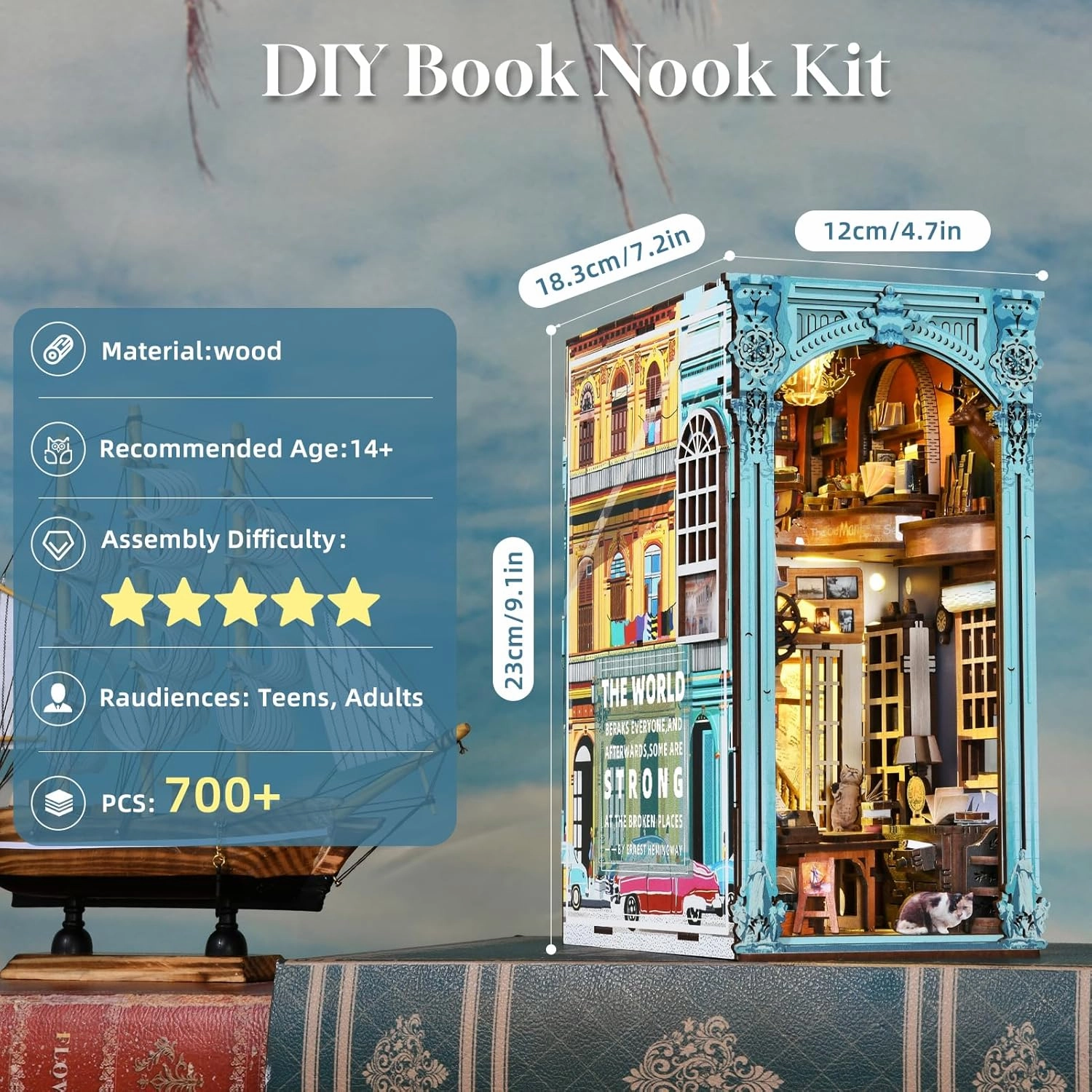 DIY Book Nook Kit, Miniature Dollhouse Booknook Kit, 3D Wooden Puzzle Bookend Bookshelf Insert Decor with LED Light for Teens and Adults (Hemingway House)