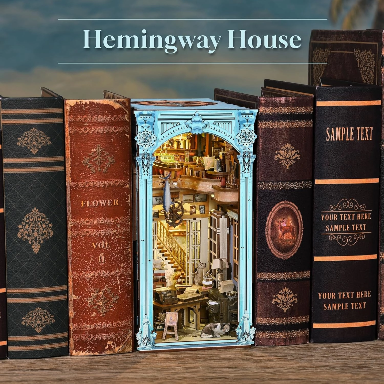 DIY Book Nook Kit, Miniature Dollhouse Booknook Kit, 3D Wooden Puzzle Bookend Bookshelf Insert Decor with LED Light for Teens and Adults (Hemingway House)