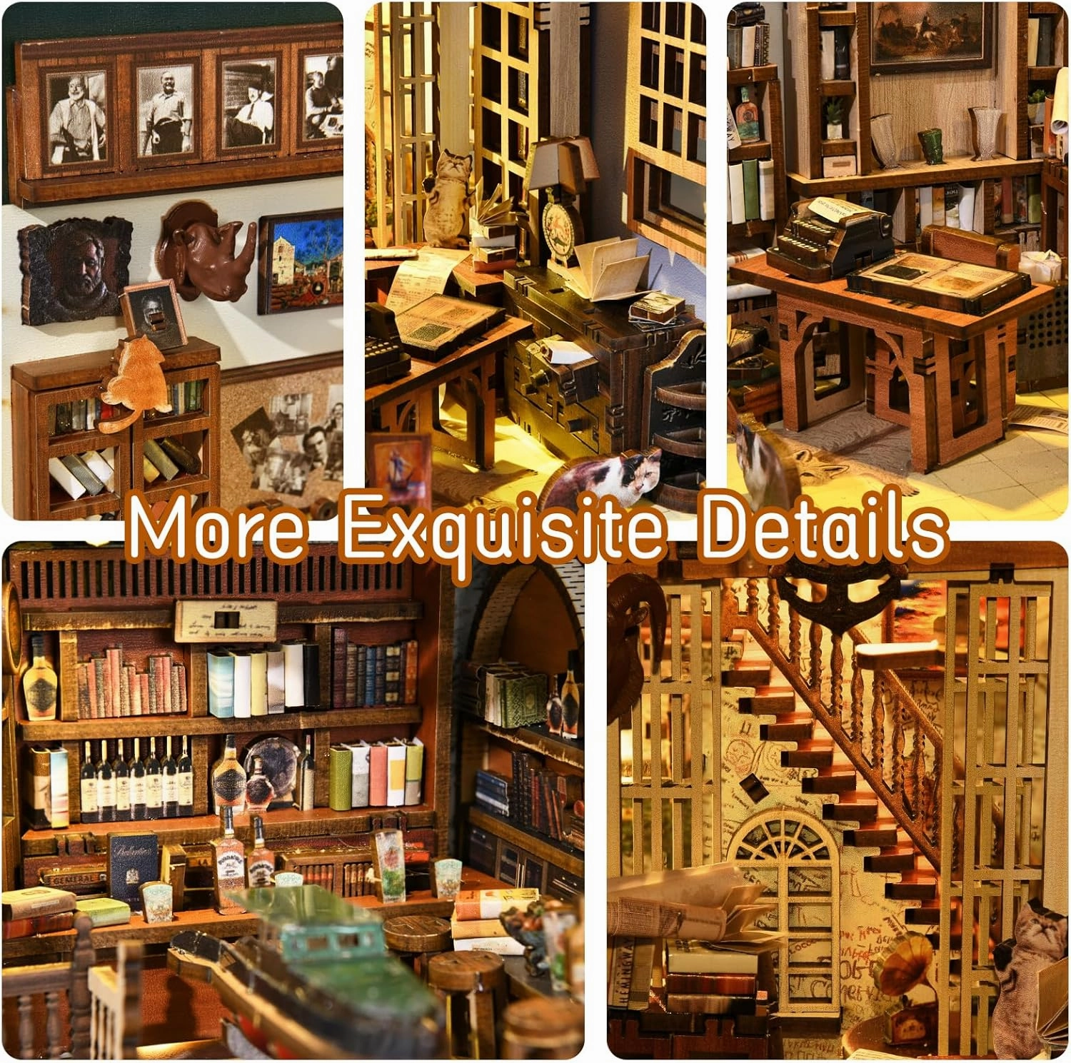 DIY Book Nook Kit, Miniature Dollhouse Booknook Kit, 3D Wooden Puzzle Bookend Bookshelf Insert Decor with LED Light for Teens and Adults (Hemingway House)
