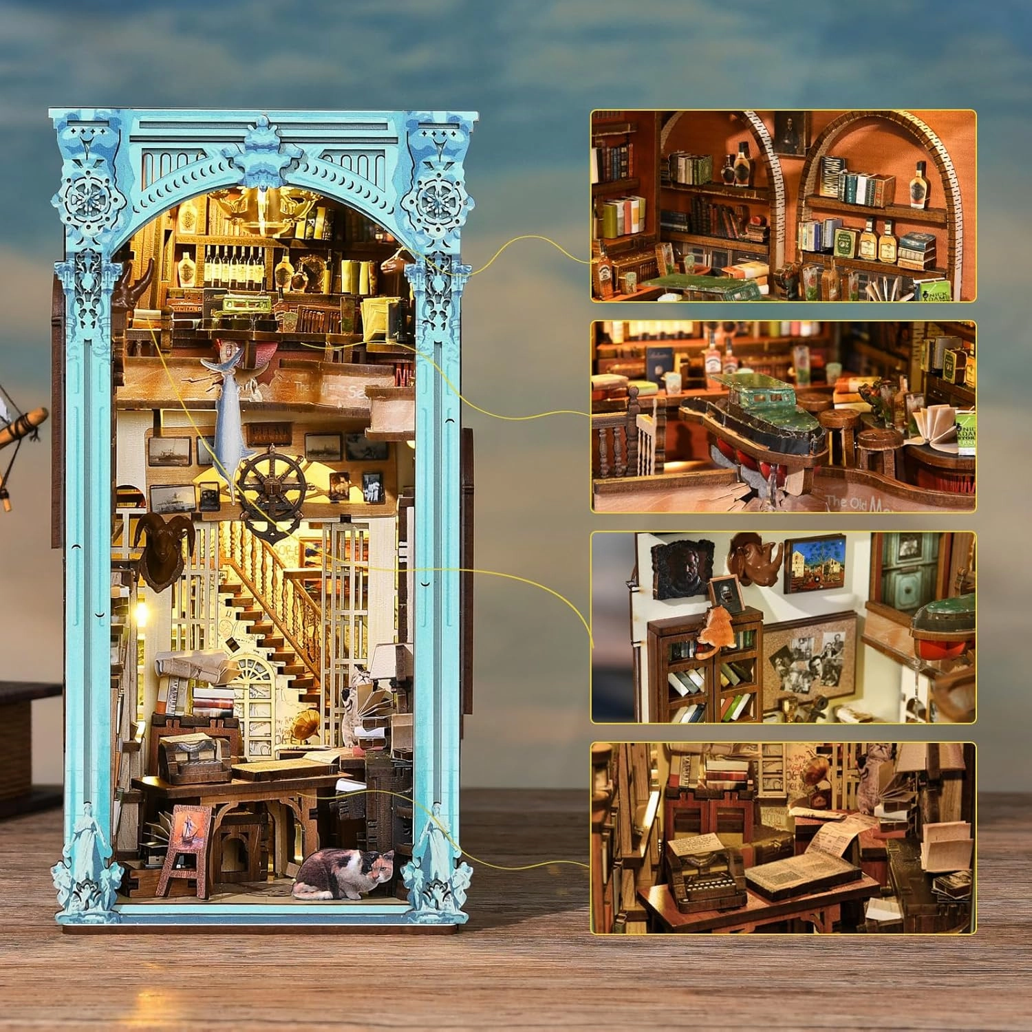 DIY Book Nook Kit, Miniature Dollhouse Booknook Kit, 3D Wooden Puzzle Bookend Bookshelf Insert Decor with LED Light for Teens and Adults (Hemingway House)