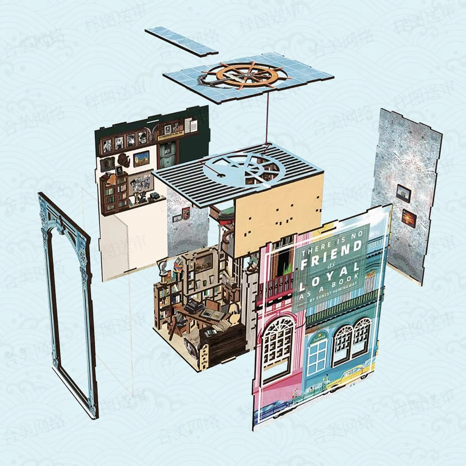 DIY Book Nook Kit, Miniature Dollhouse Booknook Kit, 3D Wooden Puzzle Bookend Bookshelf Insert Decor with LED Light for Teens and Adults (Hemingway House)