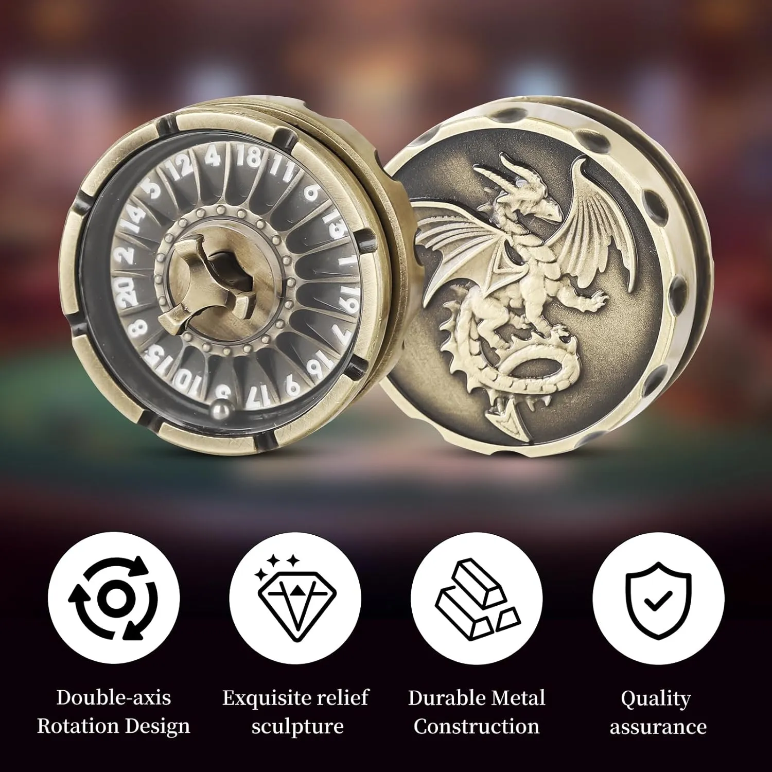 DND Dice Set with Mini Roulette Wheel – Metal D20 Roulette Dice Spinner for Dungeons & Dragons | Unique DND Gift Set with Case for RPG & Table Games(Ancient Gold)