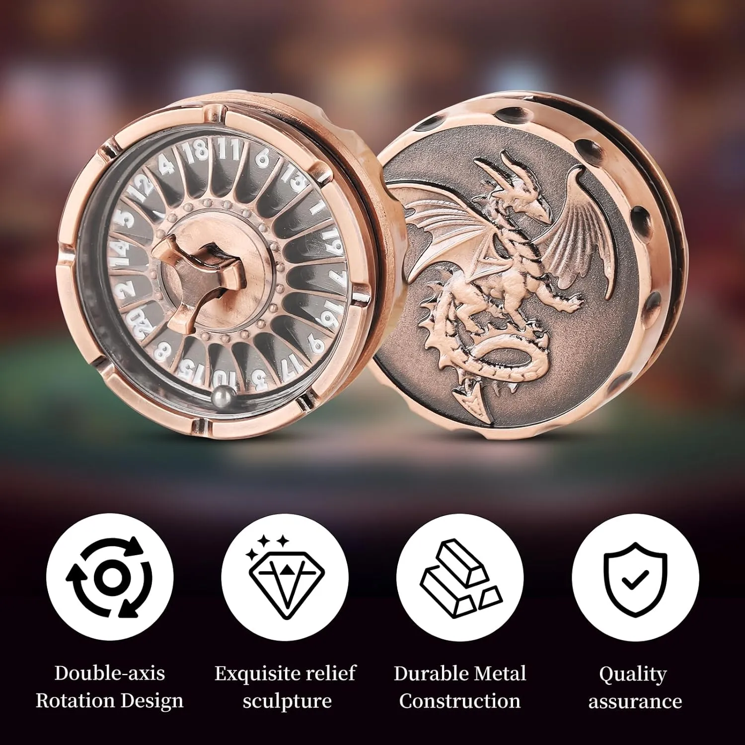 DND Dice Set with Mini Roulette Wheel – Metal D20 Roulette Dice Spinner for Dungeons & Dragons | Unique DND Gift Set with Case for RPG & Table Games(Copper)