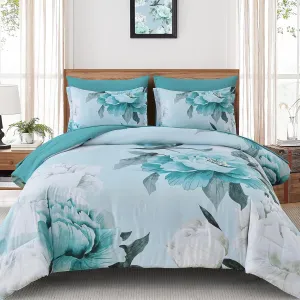 Dobuyly Floral Comforter Set King Size 7 Piece Bed in a Bag, Aqua Flowers on Light Blue Comforter Set with Sheets, Soft Microfiber Botanical Complete Bedding Set for All Season