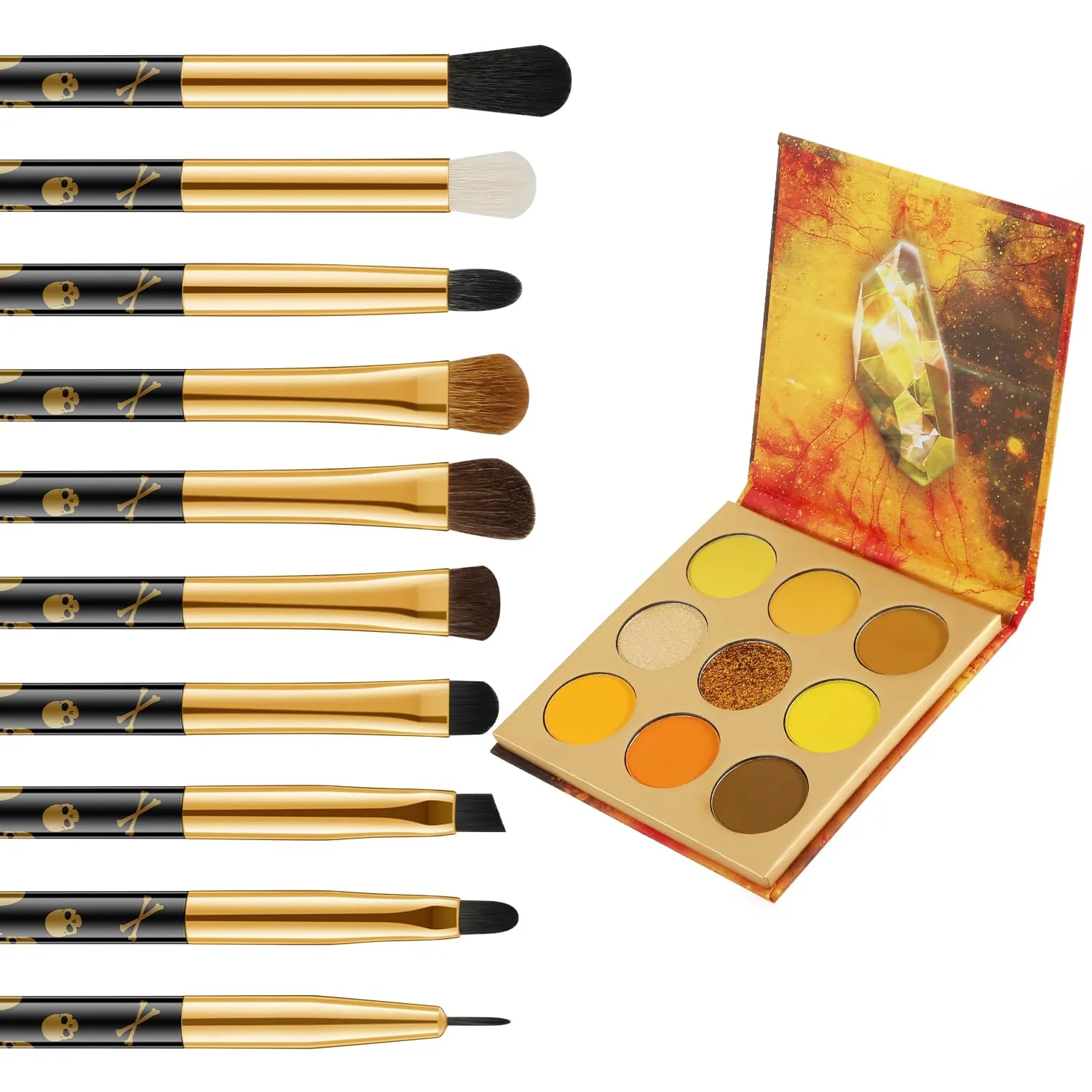 docolor 10Pcs Eye Makeup Brushes Skull Printed Eyeshadow Makeup Brush Set and Yellow Eyeshadow Palette 9 Colors Gemstone Shadow Palette Highly Pigmented Mattes Shimmers Long-Lasting Makeup Palette