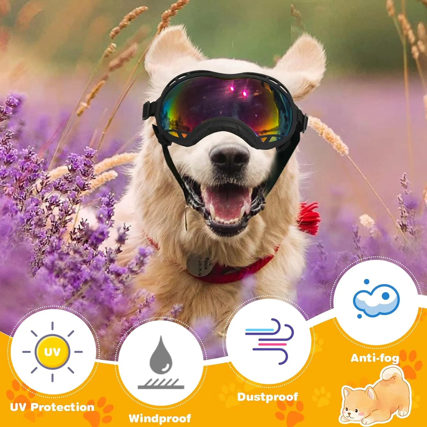 Dog Goggles for Large Dogs, UV Protection Dog Sunglasses Large Breed, Adjustable Strap, Windproof、Dustproof、Anti-Fog Eye Protection Sunglasses for Large and Medium Dogs (Black Frame)