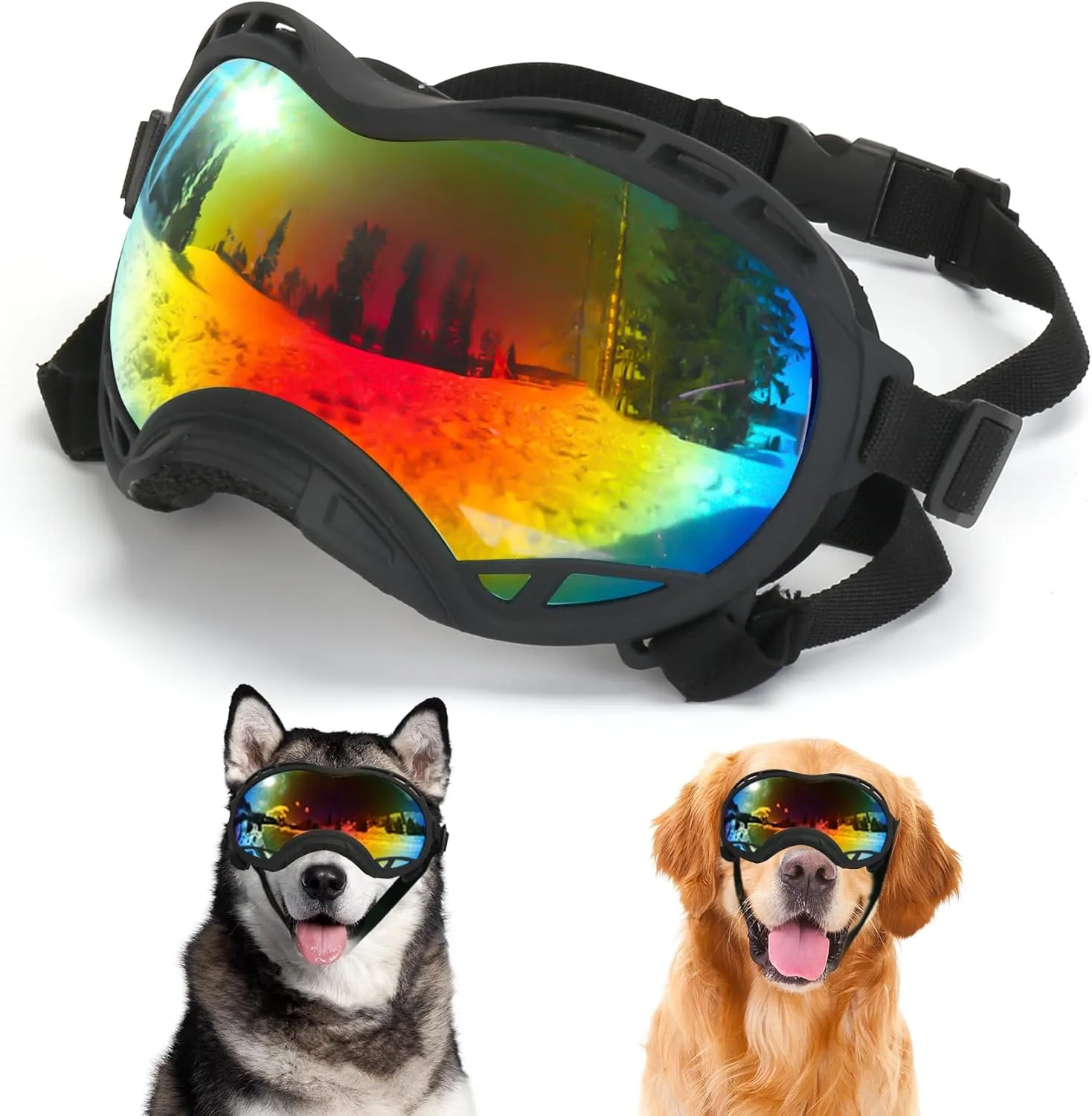Dog Goggles for Large Dogs, UV Protection Dog Sunglasses Large Breed, Adjustable Strap, Windproof、Dustproof、Anti-Fog Eye Protection Sunglasses for Large and Medium Dogs (Black Frame)