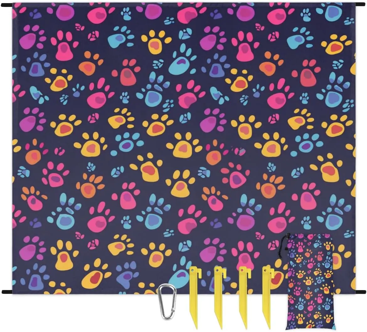 Dog's Paw Beach Blanket, Sandproof Beach Mat, Adults Waterproof Quick Drying Sand Free Mat with 4 x Ground Spikes for Outdoor Travel Camping Hiking, Colorful Paw