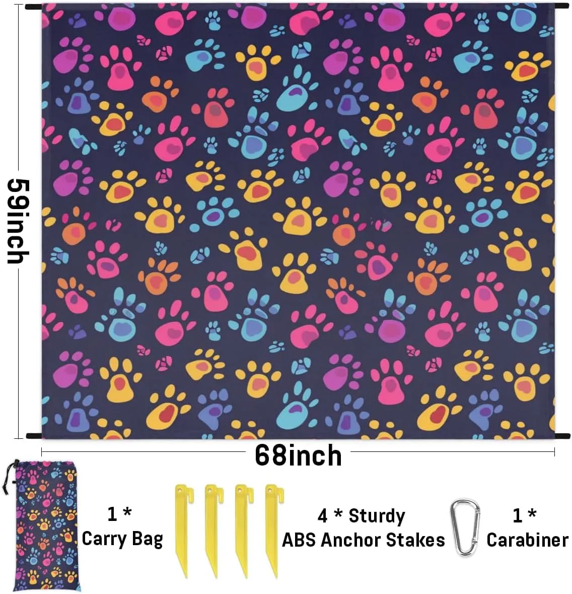 Dog's Paw Beach Blanket, Sandproof Beach Mat, Adults Waterproof Quick Drying Sand Free Mat with 4 x Ground Spikes for Outdoor Travel Camping Hiking, Colorful Paw