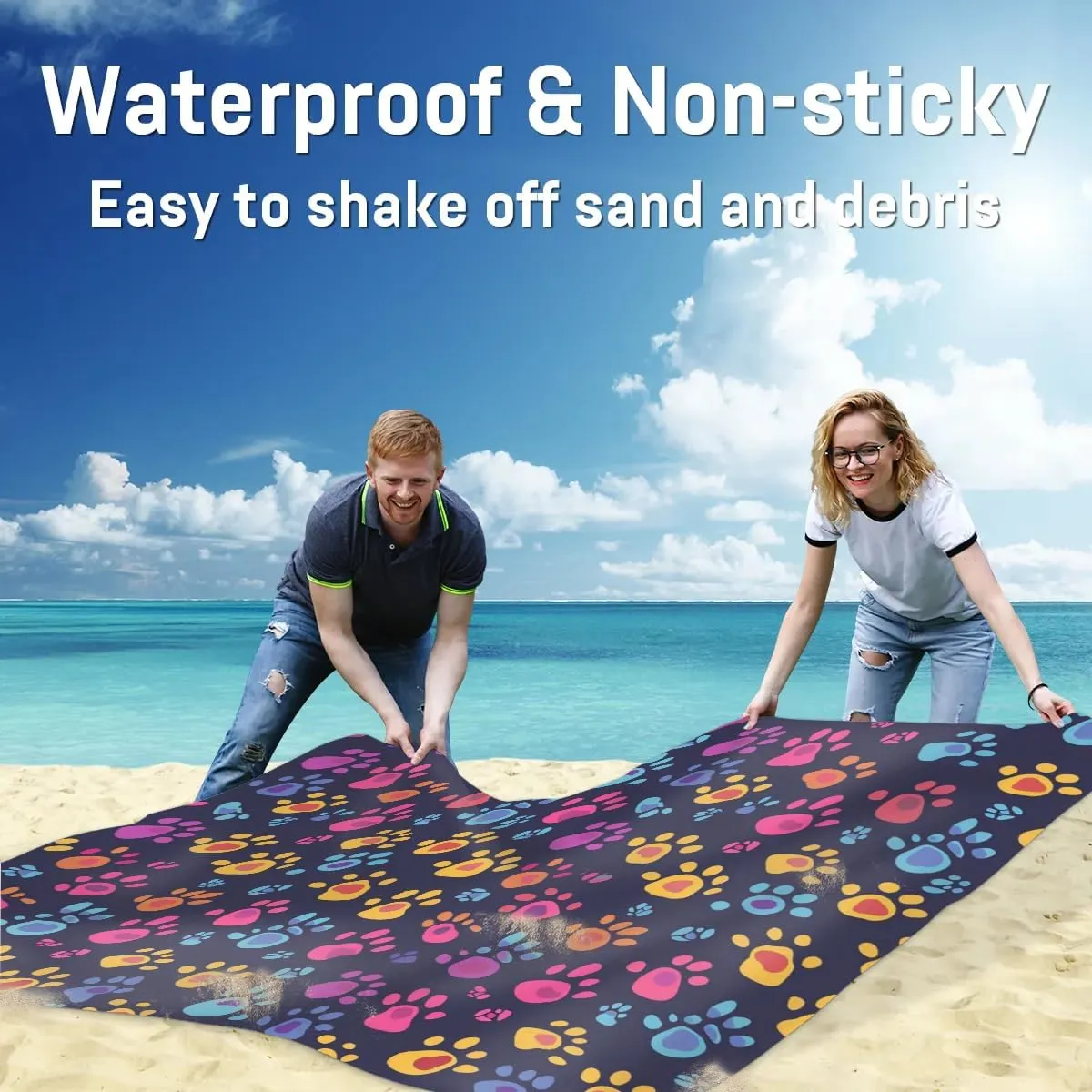 Dog's Paw Beach Blanket, Sandproof Beach Mat, Adults Waterproof Quick Drying Sand Free Mat with 4 x Ground Spikes for Outdoor Travel Camping Hiking, Colorful Paw