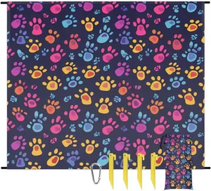 Dog's Paw Beach Blanket, Sandproof Beach Mat, Adults Waterproof Quick Drying Sand Free Mat with 4 x Ground Spikes for Outdoor Travel Camping Hiking, Colorful Paw