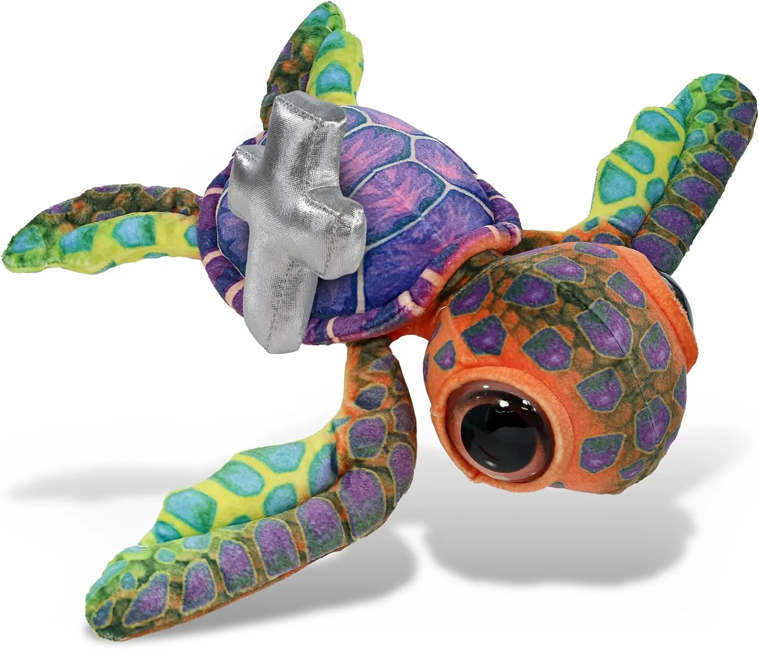 DolliBu Colorful Sea Turtle Stuffed Animal with Silver Cross and Personalization - Baby Baptism Gifts for Boys and Girls, Dedication Christening Gifts Plush Prayer Toy Healing Teddy Bear - 10 Inches
