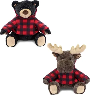 DolliBu Plush Black Bear and Moose with Red Plaid Hoodie - Soft Huggable Adorable Playtime Zoo Plush with Clothes, Cute Wildlife Cuddle Gift for Kids and Adults - Set of 2