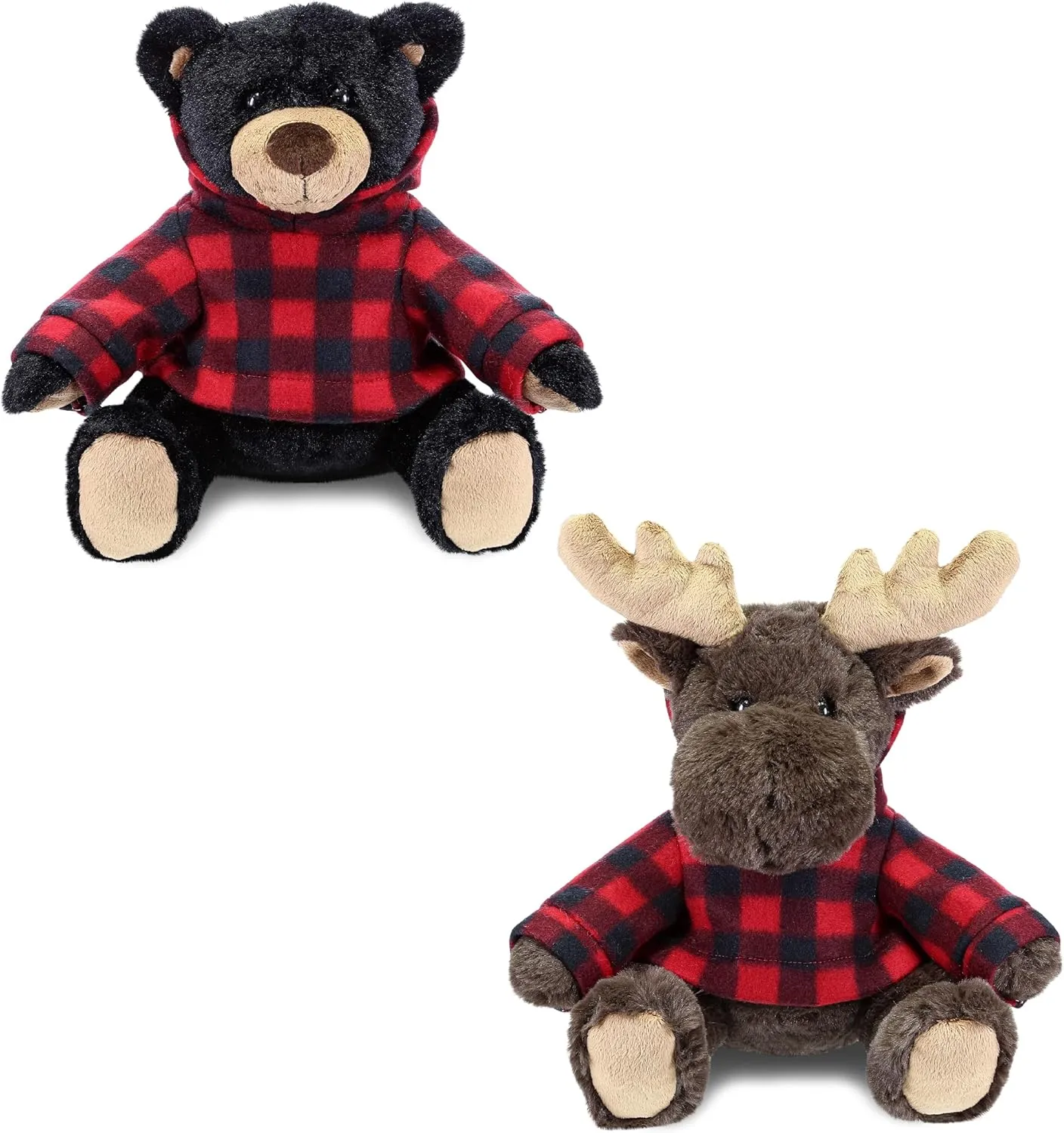 DolliBu Plush Black Bear and Moose with Red Plaid Hoodie - Soft Huggable Adorable Playtime Zoo Plush with Clothes, Cute Wildlife Cuddle Gift for Kids and Adults - Set of 2