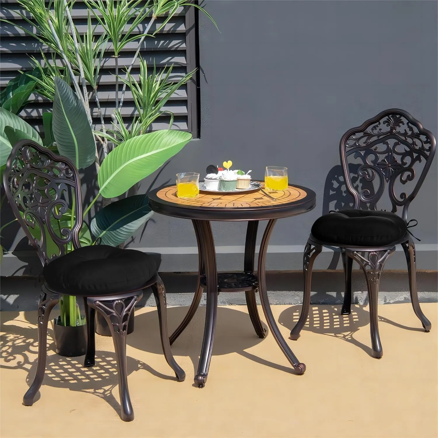 downluxe Bistro Chair Cushions for Patio Furniture, Water-Resistant Round Outdoor Chair Cushions Set of 4 with Non-Slip Ties, 15" x 15", Black