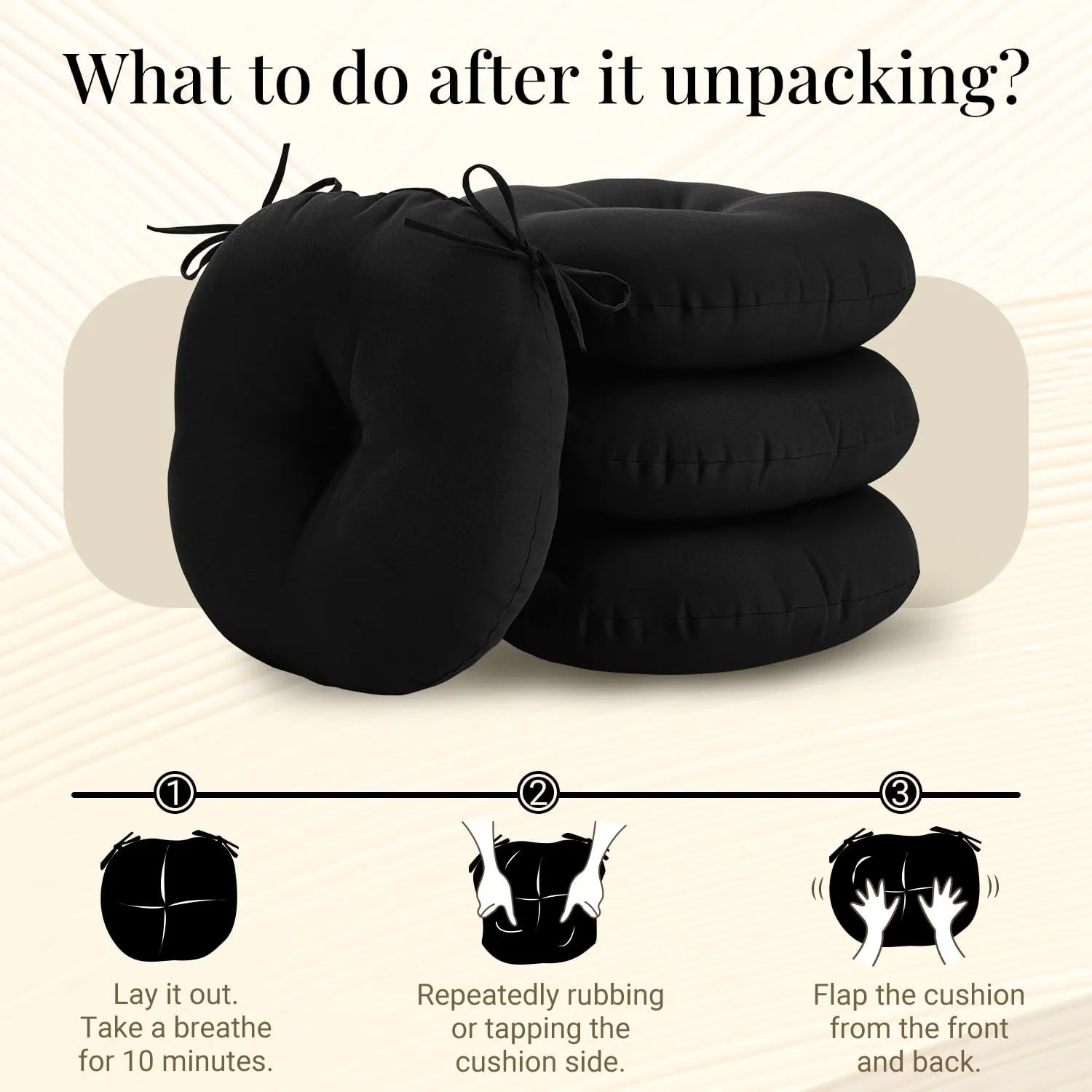 downluxe Bistro Chair Cushions for Patio Furniture, Water-Resistant Round Outdoor Chair Cushions Set of 4 with Non-Slip Ties, 15" x 15", Black