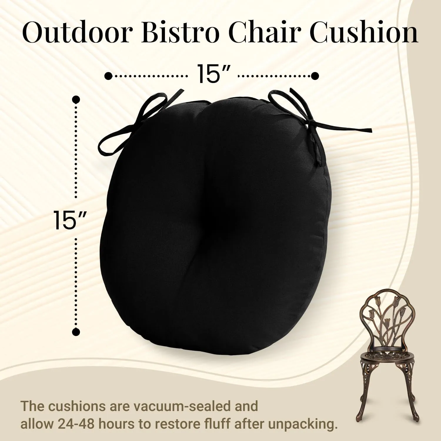 downluxe Bistro Chair Cushions for Patio Furniture, Water-Resistant Round Outdoor Chair Cushions Set of 4 with Non-Slip Ties, 15" x 15", Black