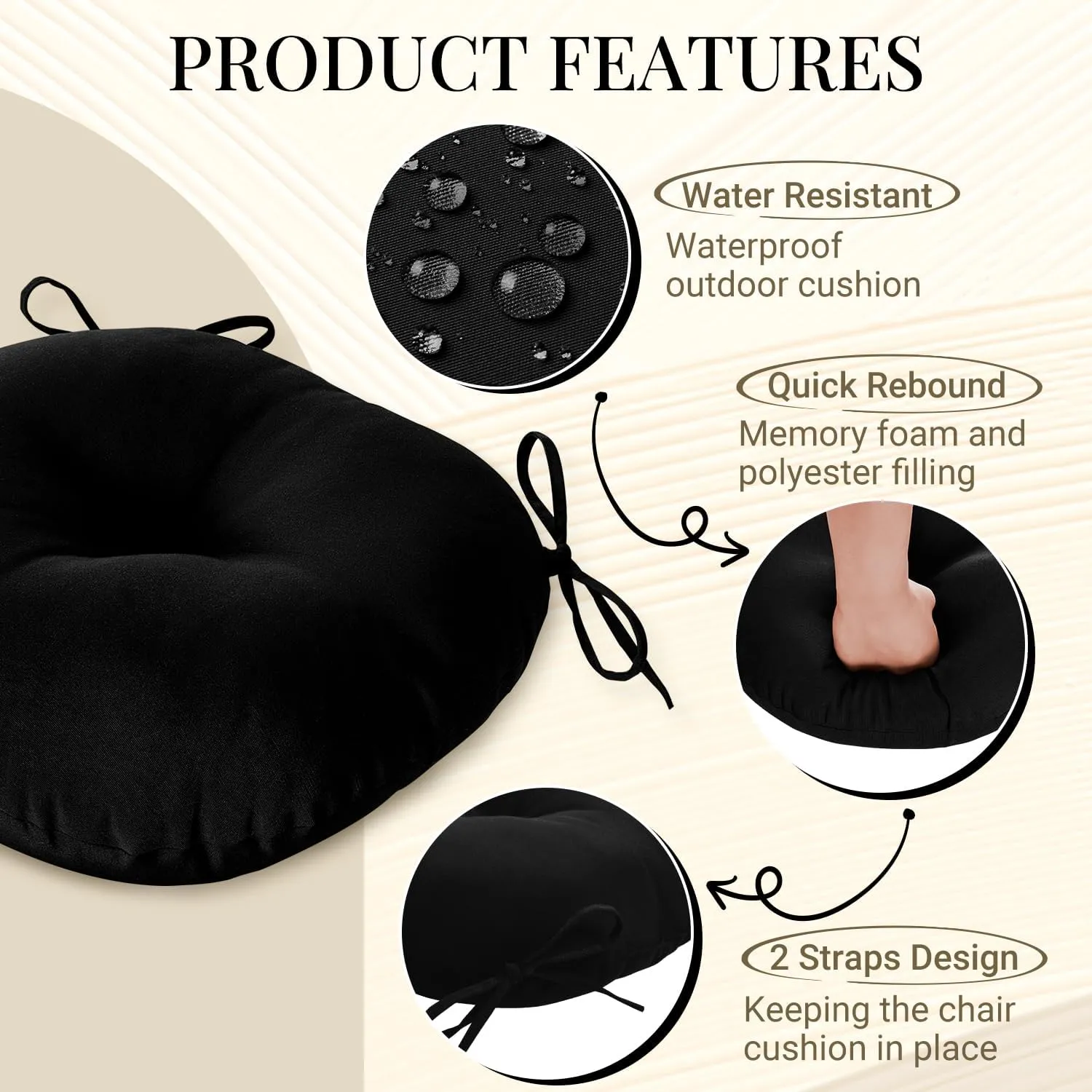 downluxe Bistro Chair Cushions for Patio Furniture, Water-Resistant Round Outdoor Chair Cushions Set of 4 with Non-Slip Ties, 15" x 15", Black