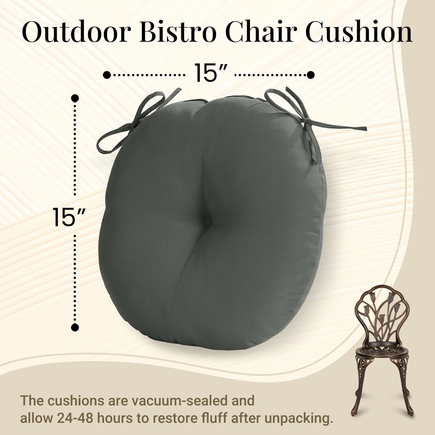 downluxe Bistro Chair Cushions for Patio Furniture, Water-Resistant Round Outdoor Chair Cushions Set of 4 with Non-Slip Ties, 15" x 15", Dark Grey