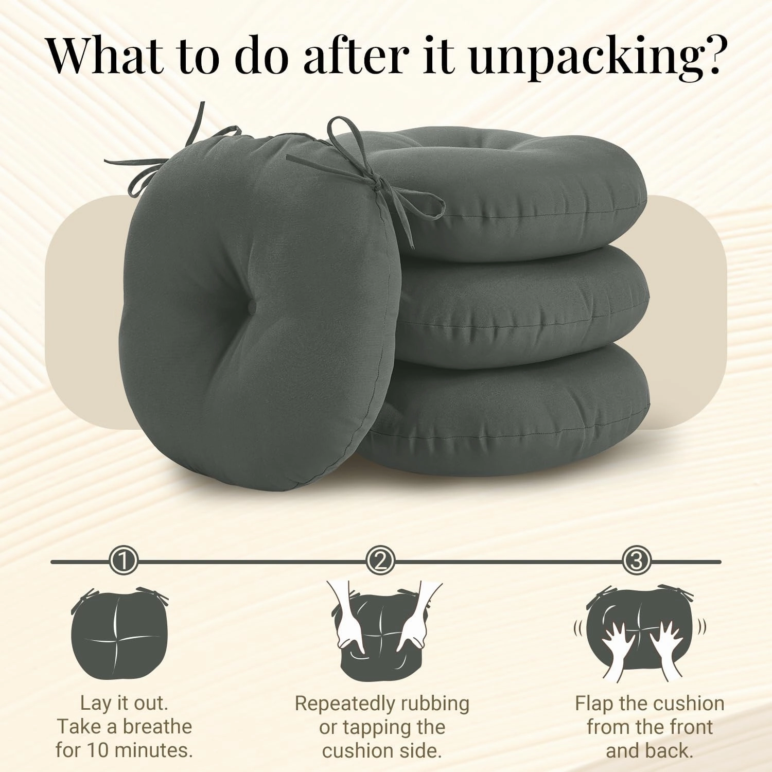 downluxe Bistro Chair Cushions for Patio Furniture, Water-Resistant Round Outdoor Chair Cushions Set of 4 with Non-Slip Ties, 15" x 15", Dark Grey