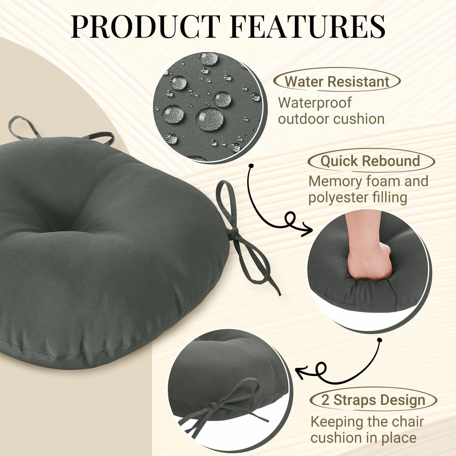 downluxe Bistro Chair Cushions for Patio Furniture, Water-Resistant Round Outdoor Chair Cushions Set of 4 with Non-Slip Ties, 15" x 15", Dark Grey