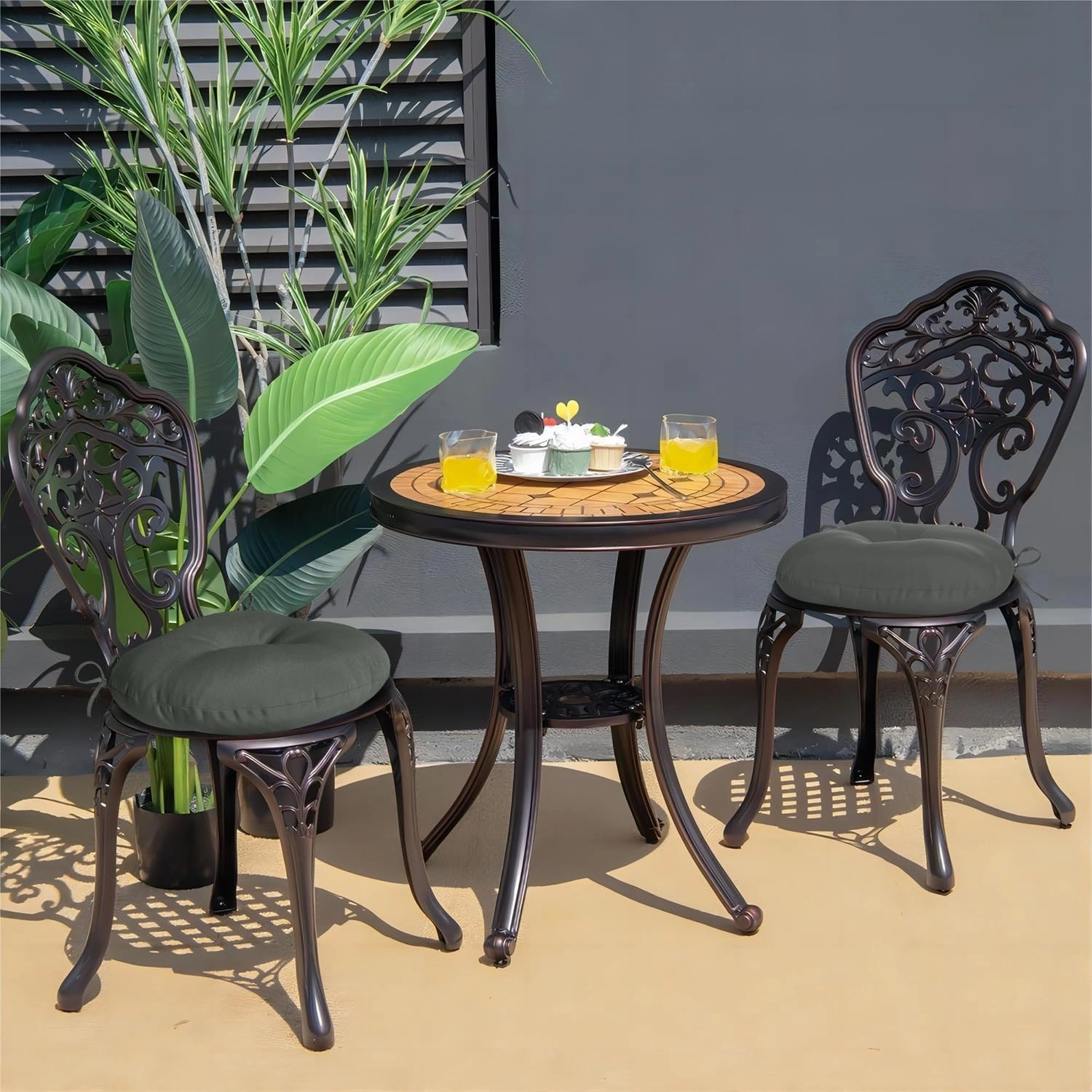 downluxe Bistro Chair Cushions for Patio Furniture, Water-Resistant Round Outdoor Chair Cushions Set of 4 with Non-Slip Ties, 15" x 15", Dark Grey