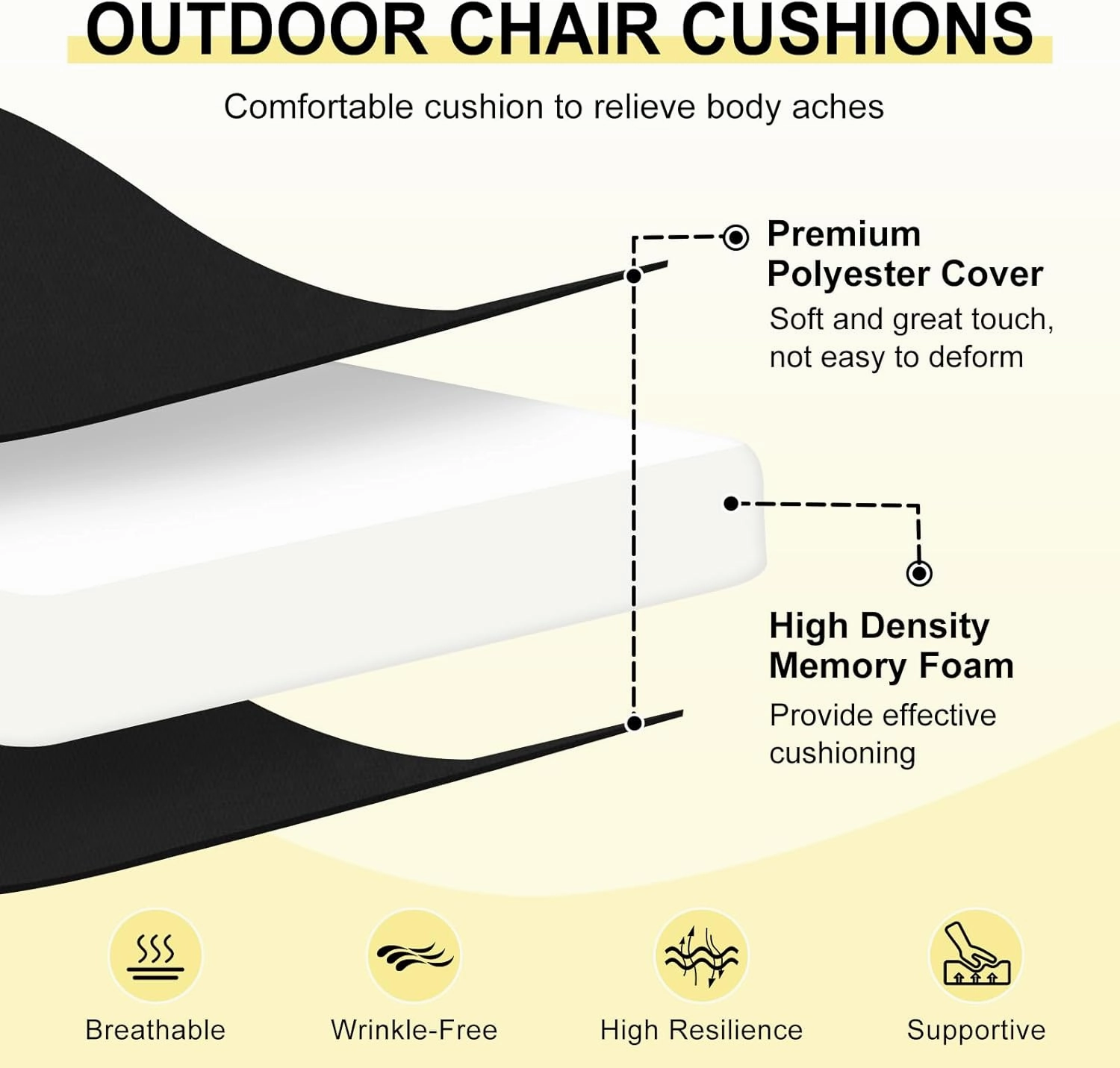 downluxe Outdoor Chair Cushions Set of 6 for Patio Furniture, Water-Resistant Patio Chair Cushions with Ties, High Density Foam Outdoor Seat Cushion, 17" X 16" X 2", Black