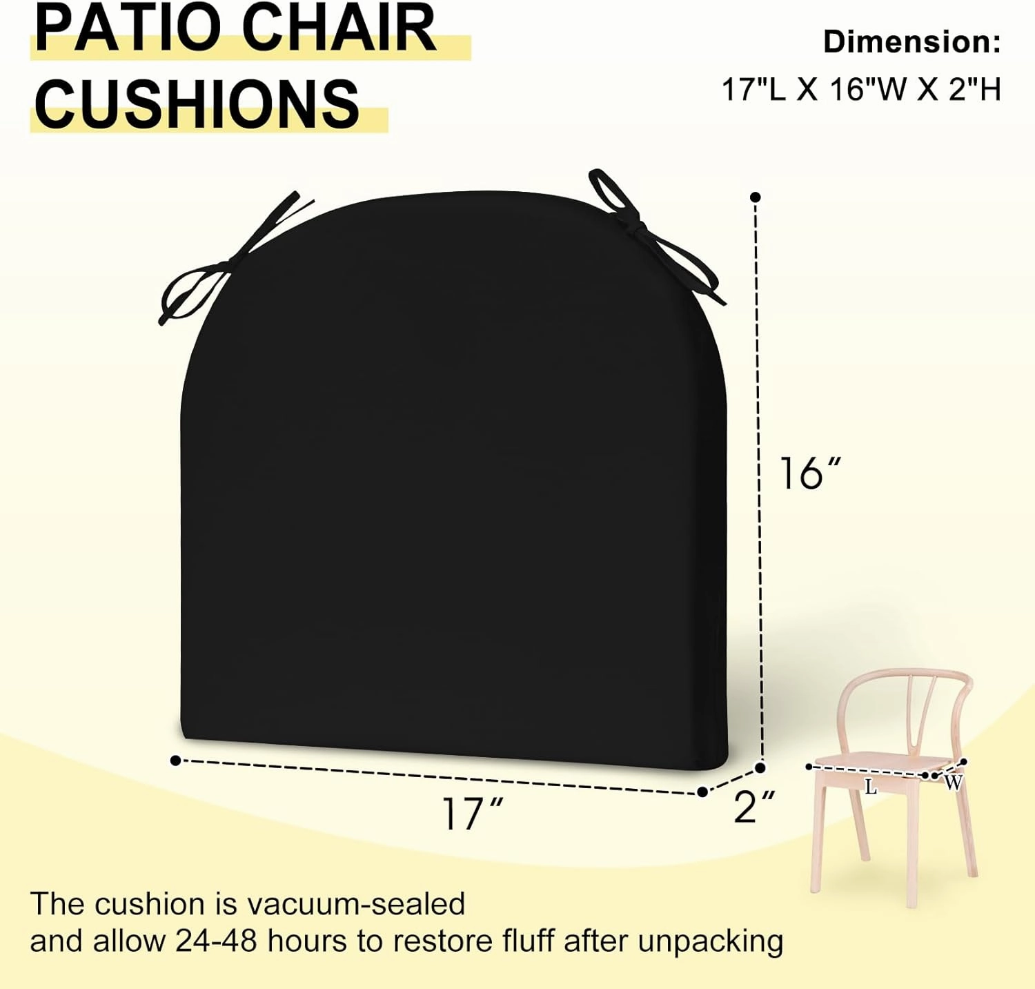 downluxe Outdoor Chair Cushions Set of 6 for Patio Furniture, Water-Resistant Patio Chair Cushions with Ties, High Density Foam Outdoor Seat Cushion, 17" X 16" X 2", Black