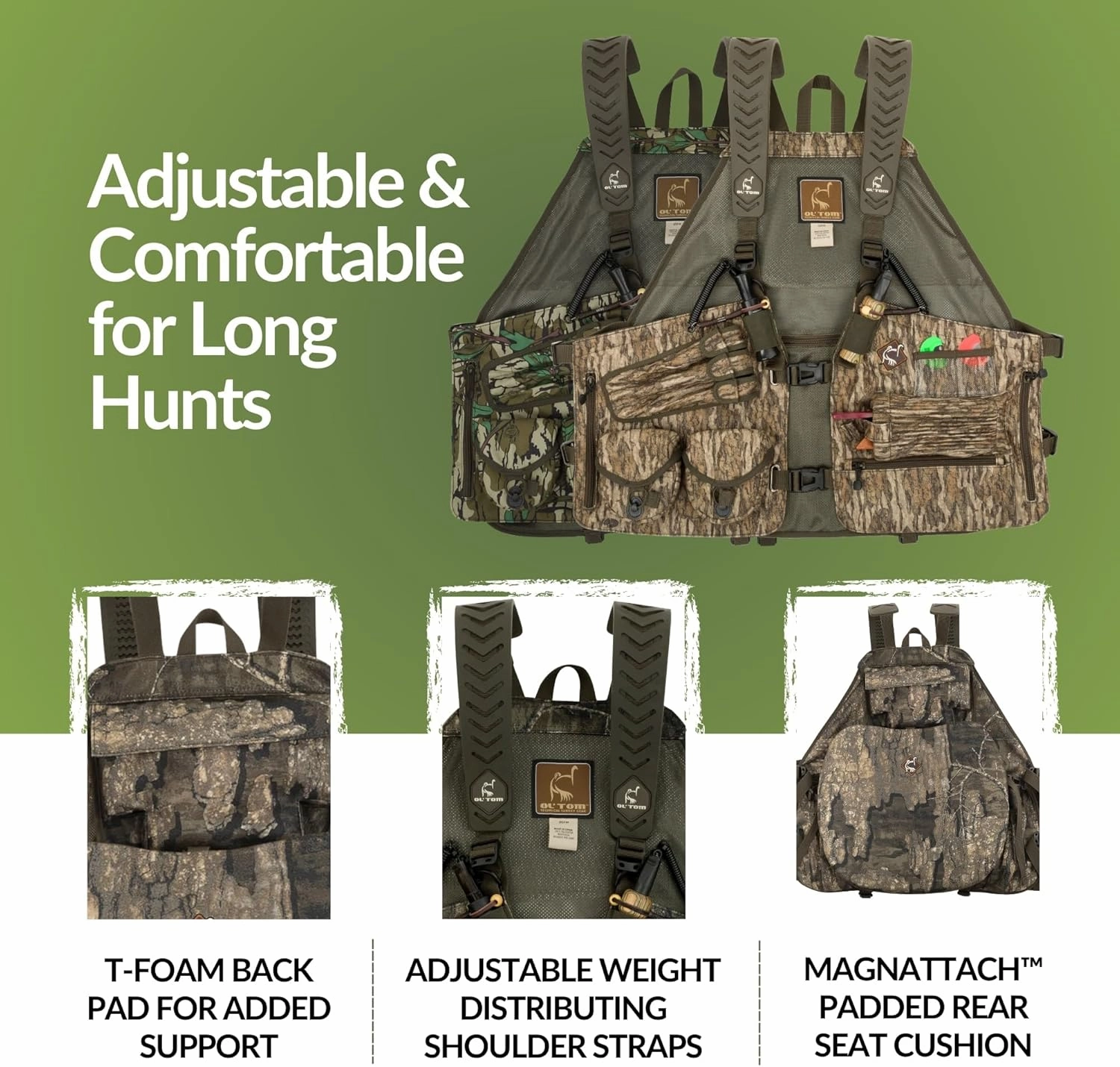 Drake Waterfowl Ol’Tom Time & Motion Gunslinger Adjustable Turkey Vest for Hunting, Mossy Oak Camo