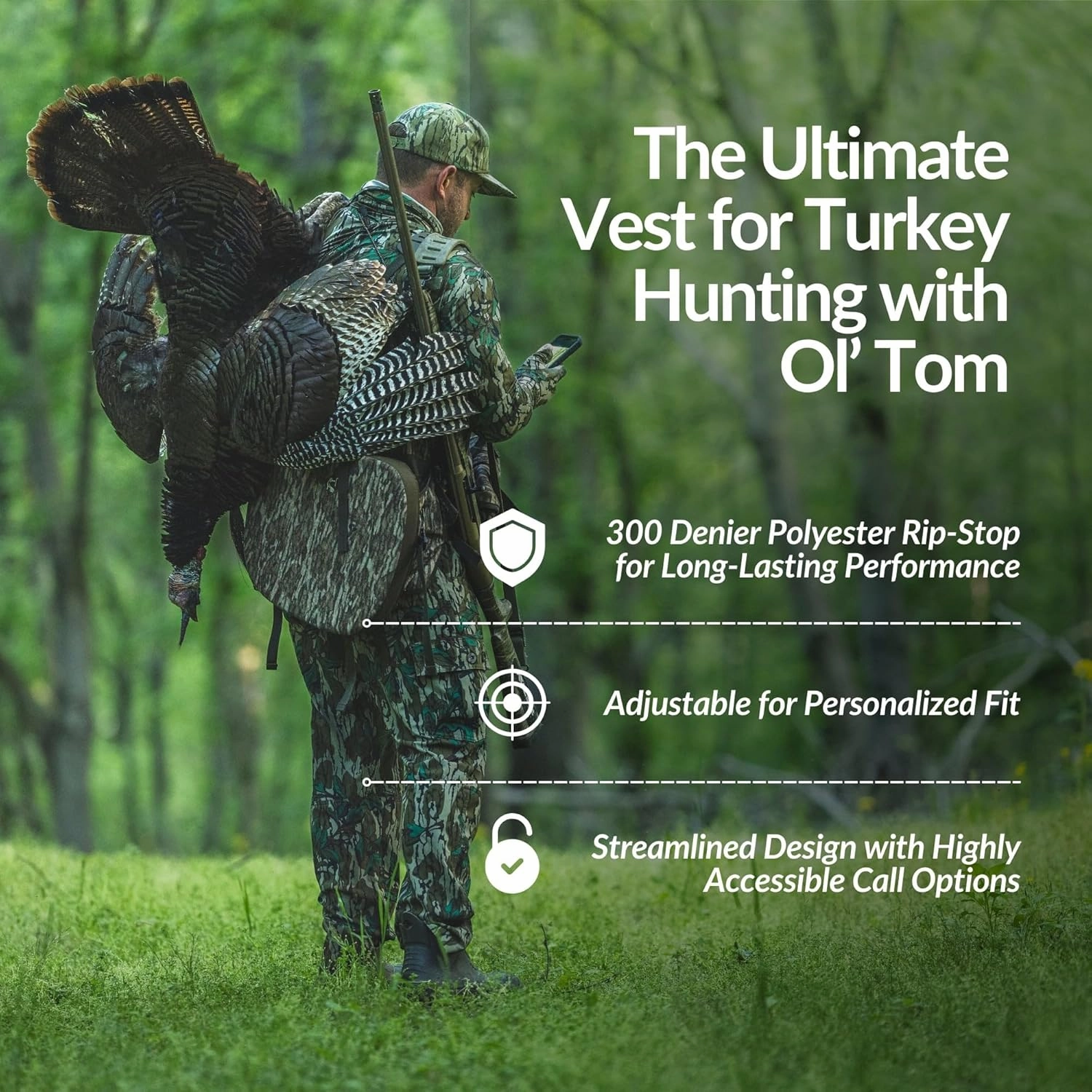 Drake Waterfowl Ol’Tom Time & Motion Gunslinger Adjustable Turkey Vest for Hunting, Mossy Oak Camo