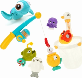 DUCKBOXX XX Bath Toys Bundle (9pcs): Swimming Sea Turtle (Blue) & Fishing Game Set (8pcs) for Kids