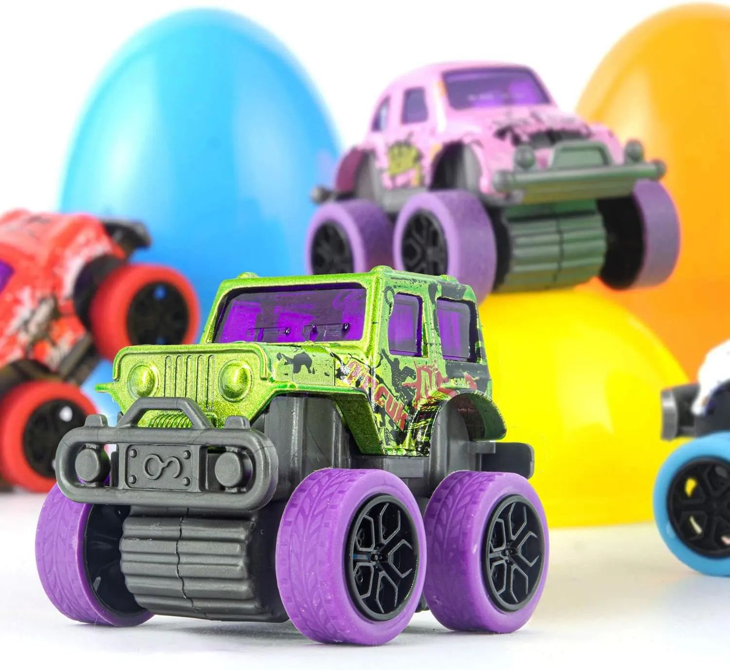 Easter Basket Stuffers for Boys Age 3-6 – Pull Back Monster Trucks for Easter Egg Hunt, Party Favors, and Prefilled Easter Eggs, Set of 8