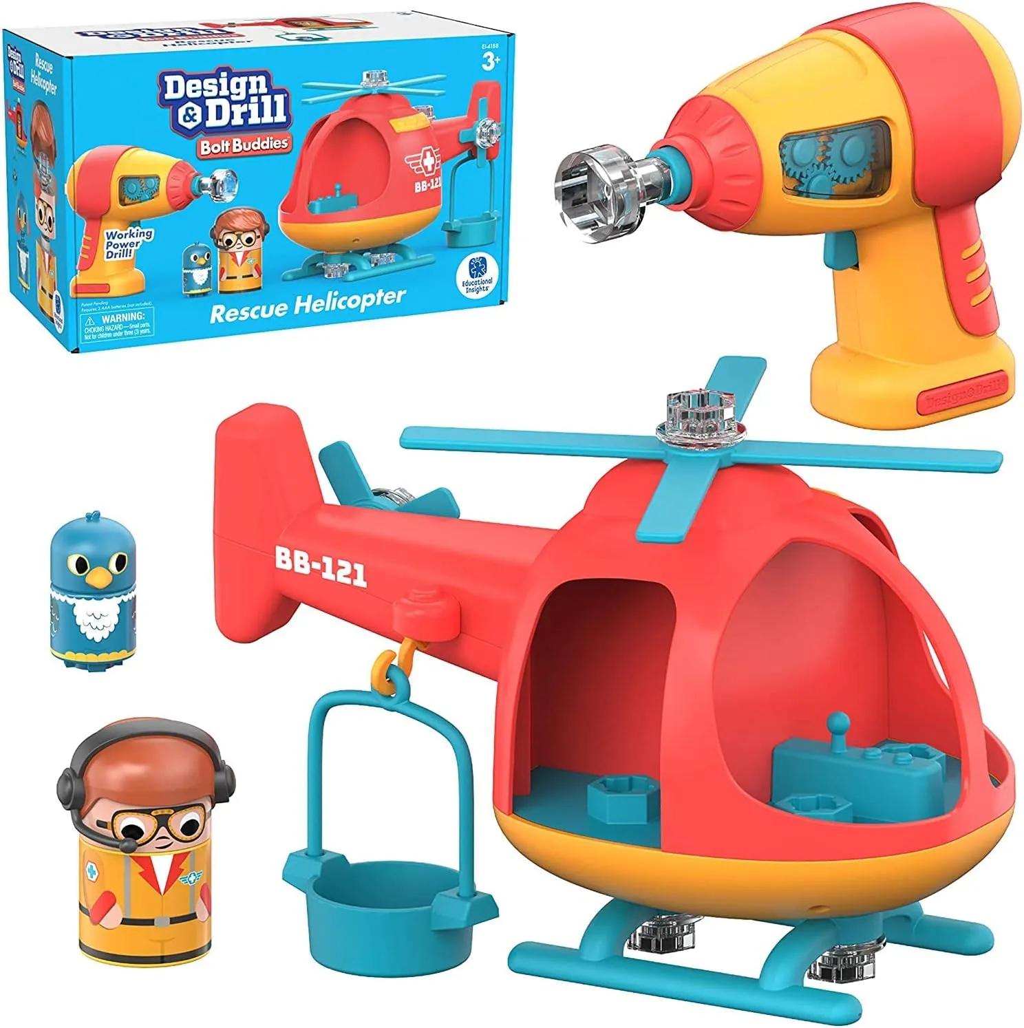 Educational Insights Design & Drill Bolt Buddies Helicopter Take Apart Toy with Electric Toy Drill, Preschool STEM Toy, Gift for Boys & Girls, Ages 3 